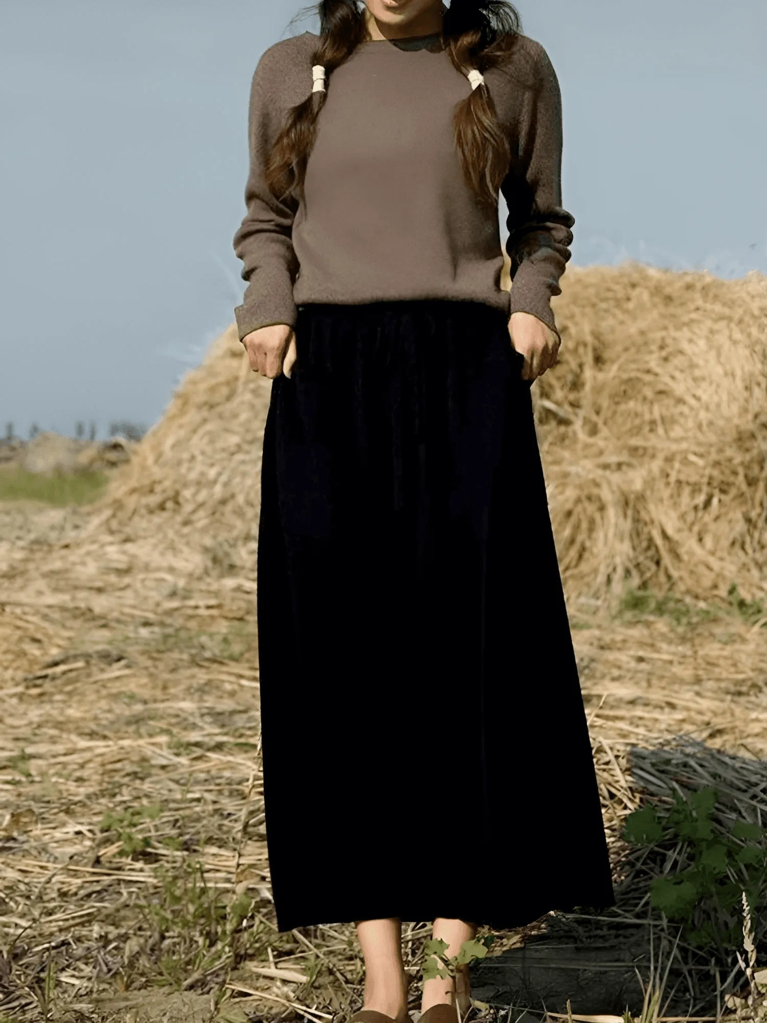 100% Cashmere Wool High Waist Long Skirt With Pockets