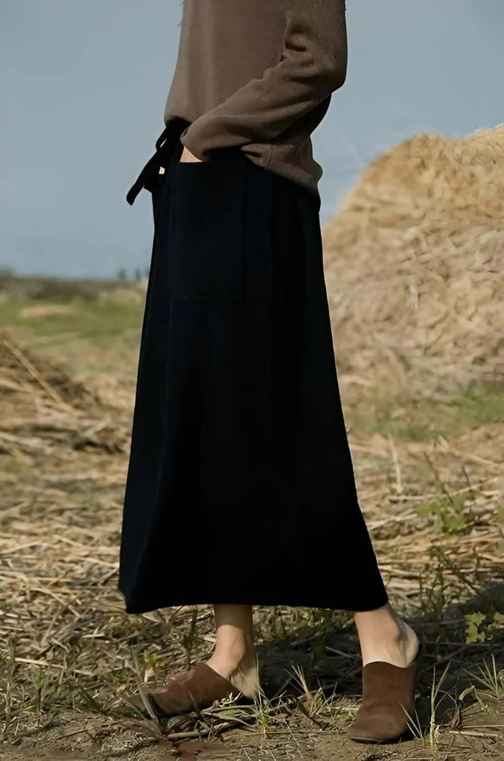 100% Cashmere Wool High Waist Long Skirt With Pockets