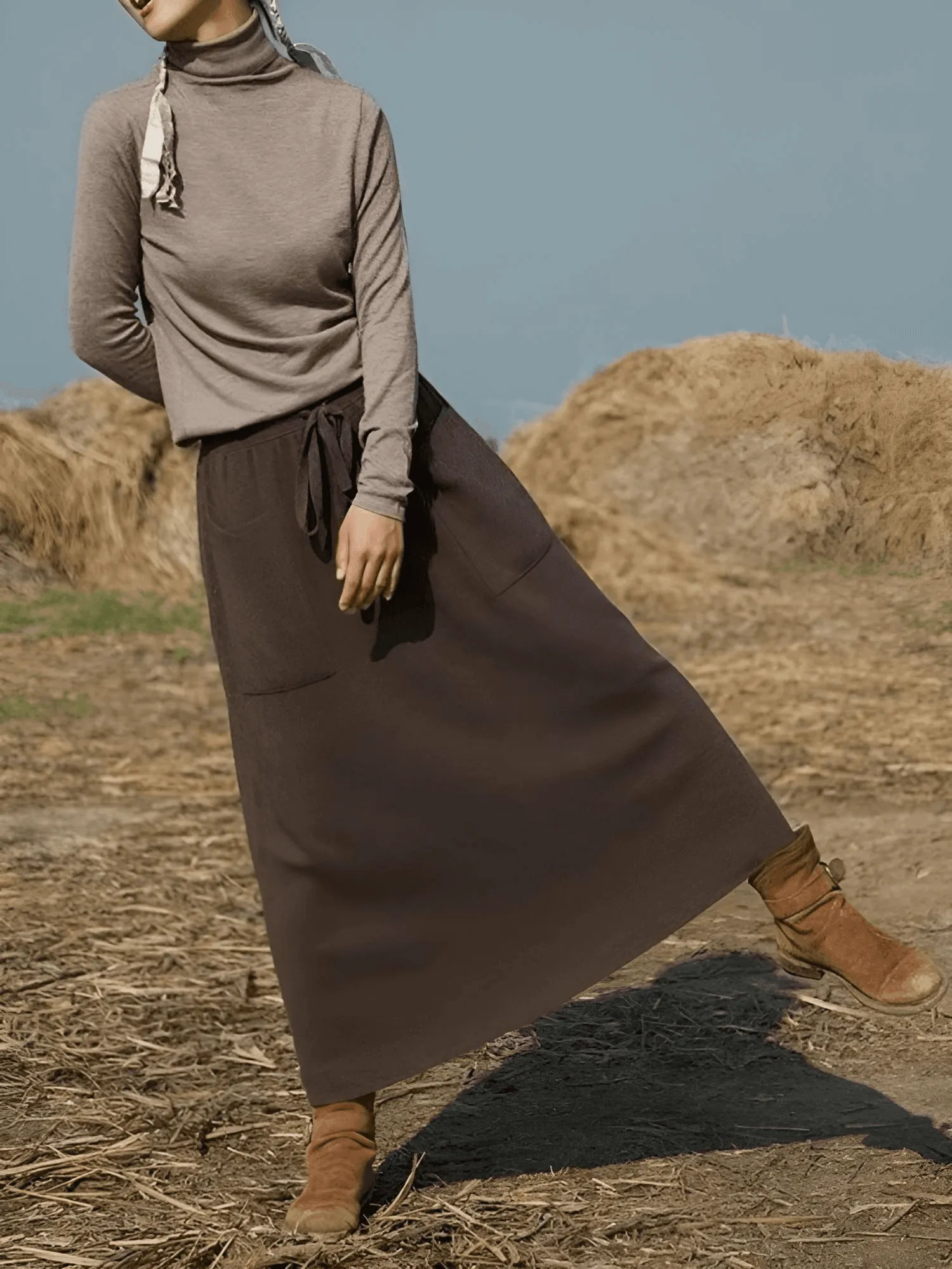 100% Cashmere Wool High Waist Long Skirt With Pockets