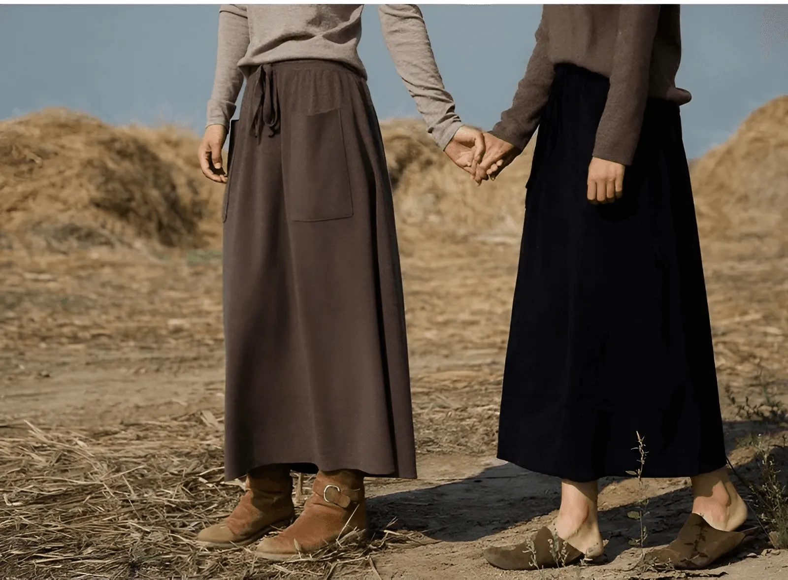 100% Cashmere Wool High Waist Long Skirt With Pockets