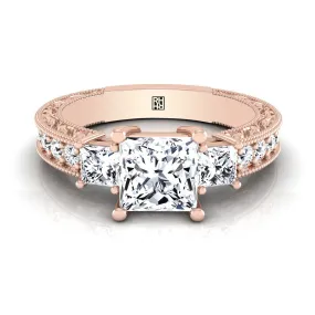 14K Rose Gold Princess Cut Diamond Hand Engraved Three Stone Vintage Channel Engagement Ring -3/4ctw