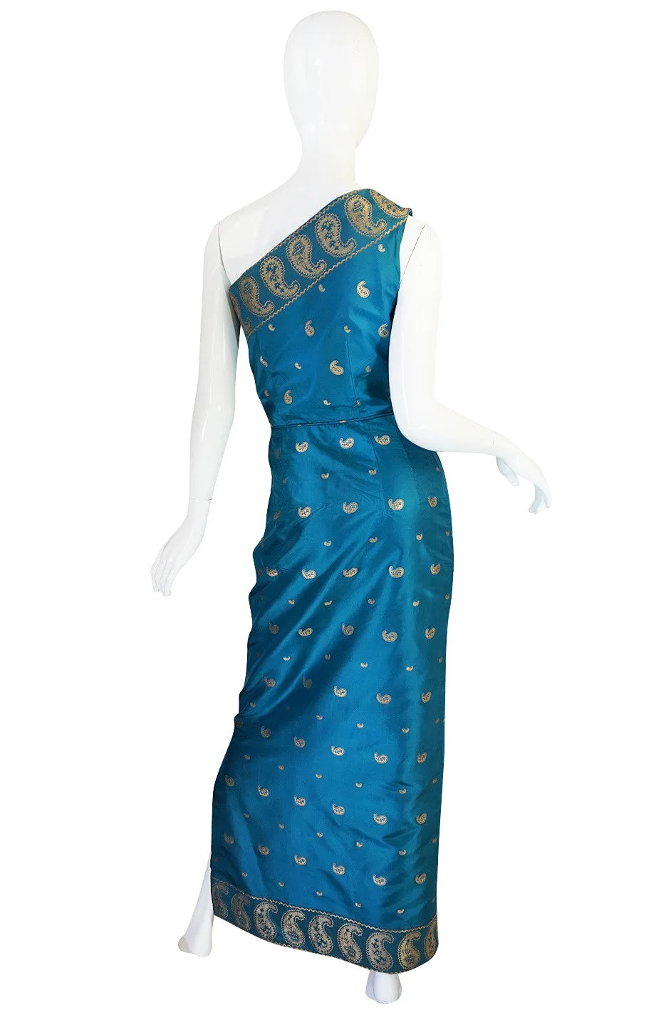 1950s One Shoulder Blue & Gold Silk Sari Dress & Jacket