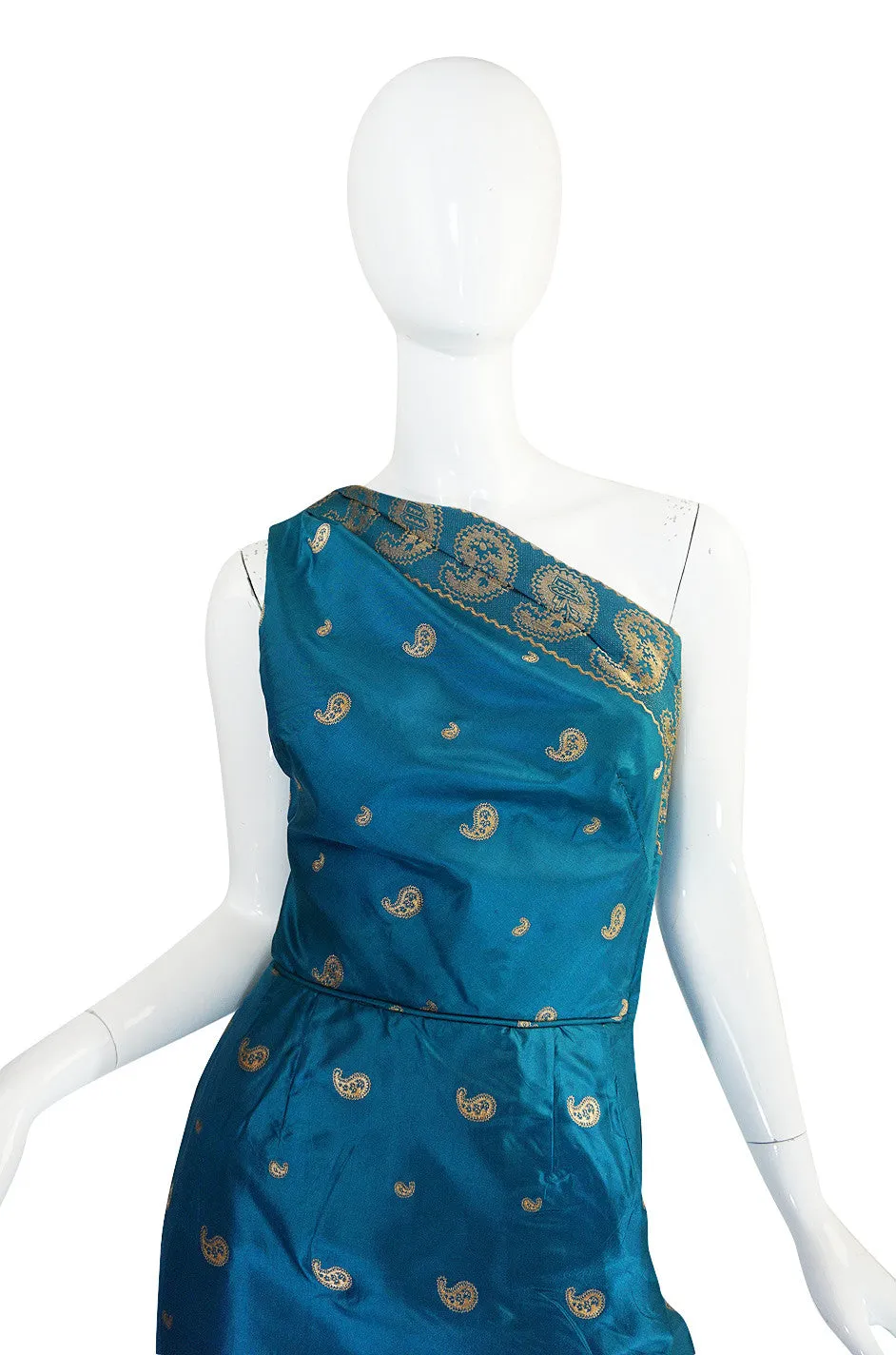 1950s One Shoulder Blue & Gold Silk Sari Dress & Jacket