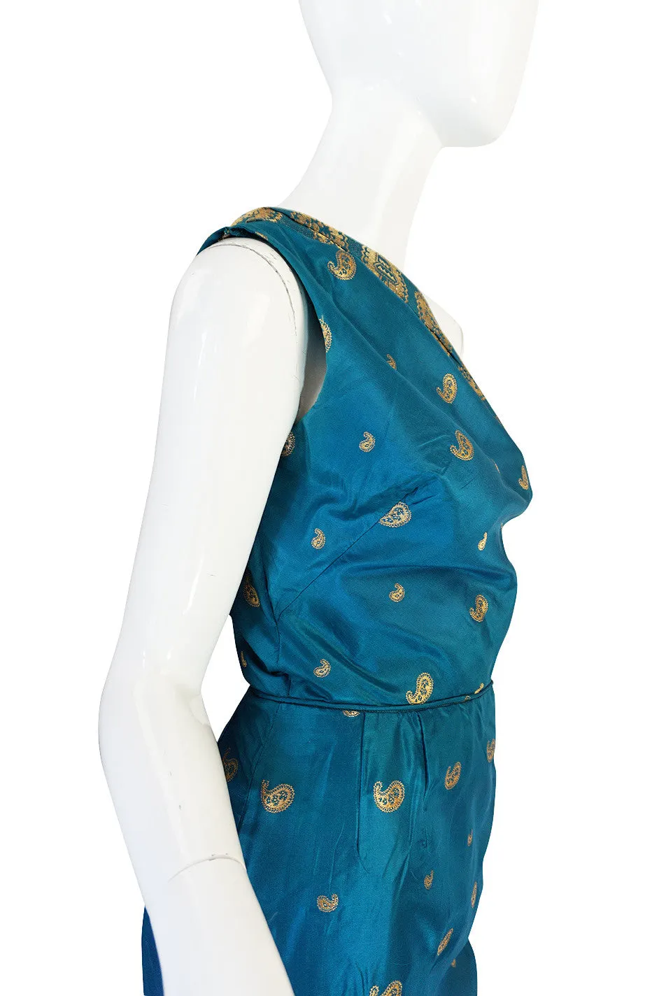 1950s One Shoulder Blue & Gold Silk Sari Dress & Jacket