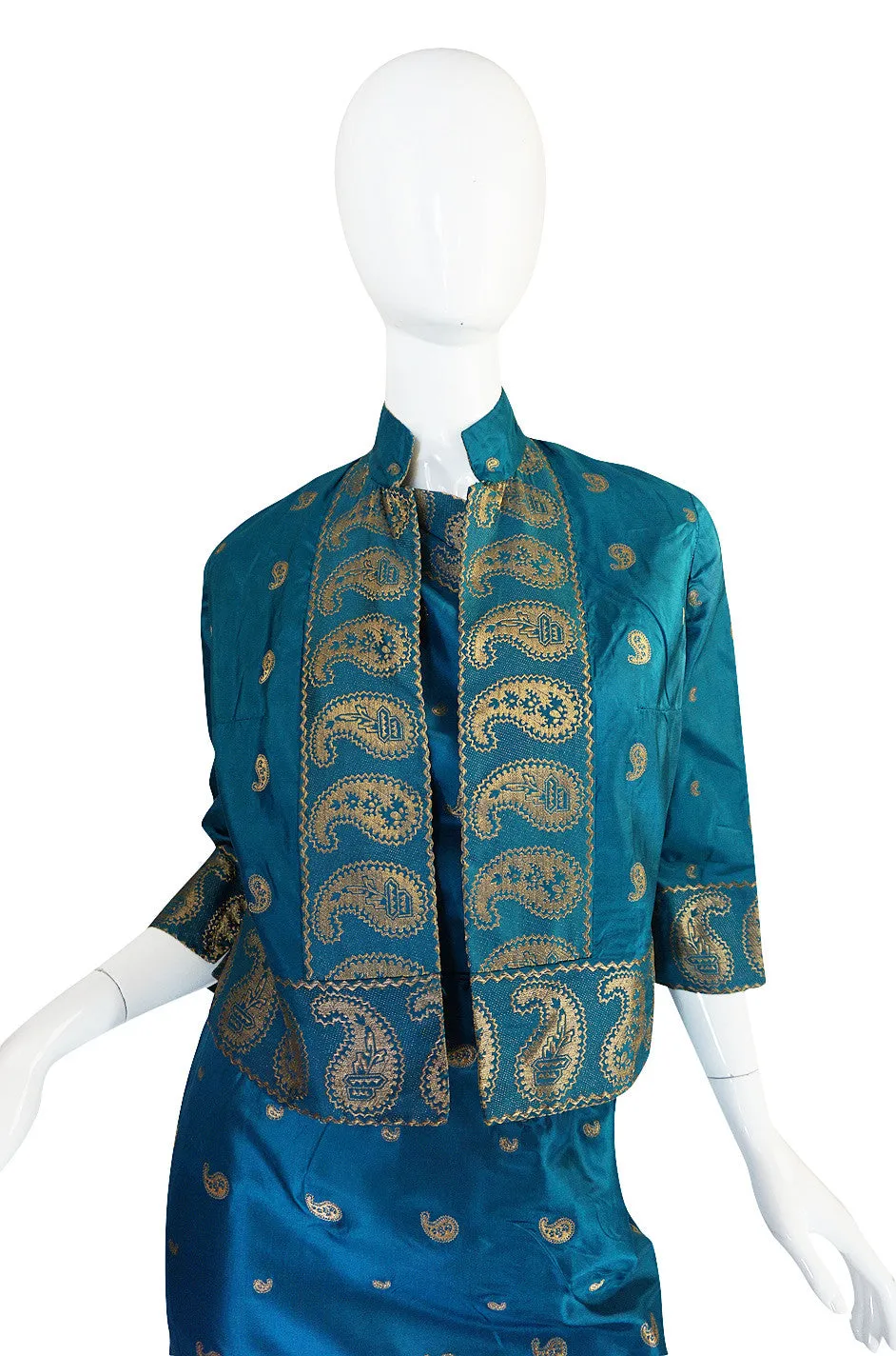 1950s One Shoulder Blue & Gold Silk Sari Dress & Jacket