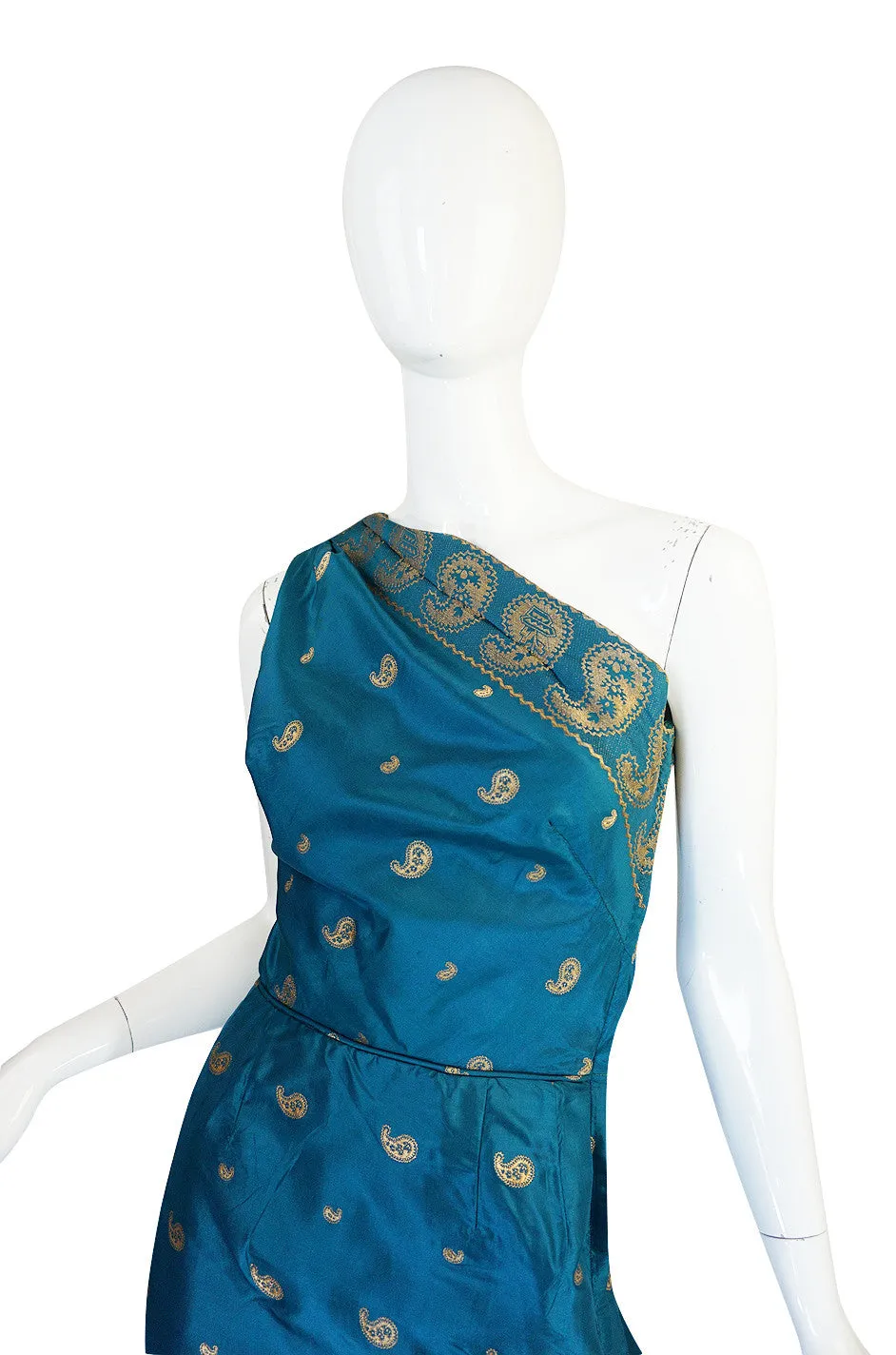 1950s One Shoulder Blue & Gold Silk Sari Dress & Jacket