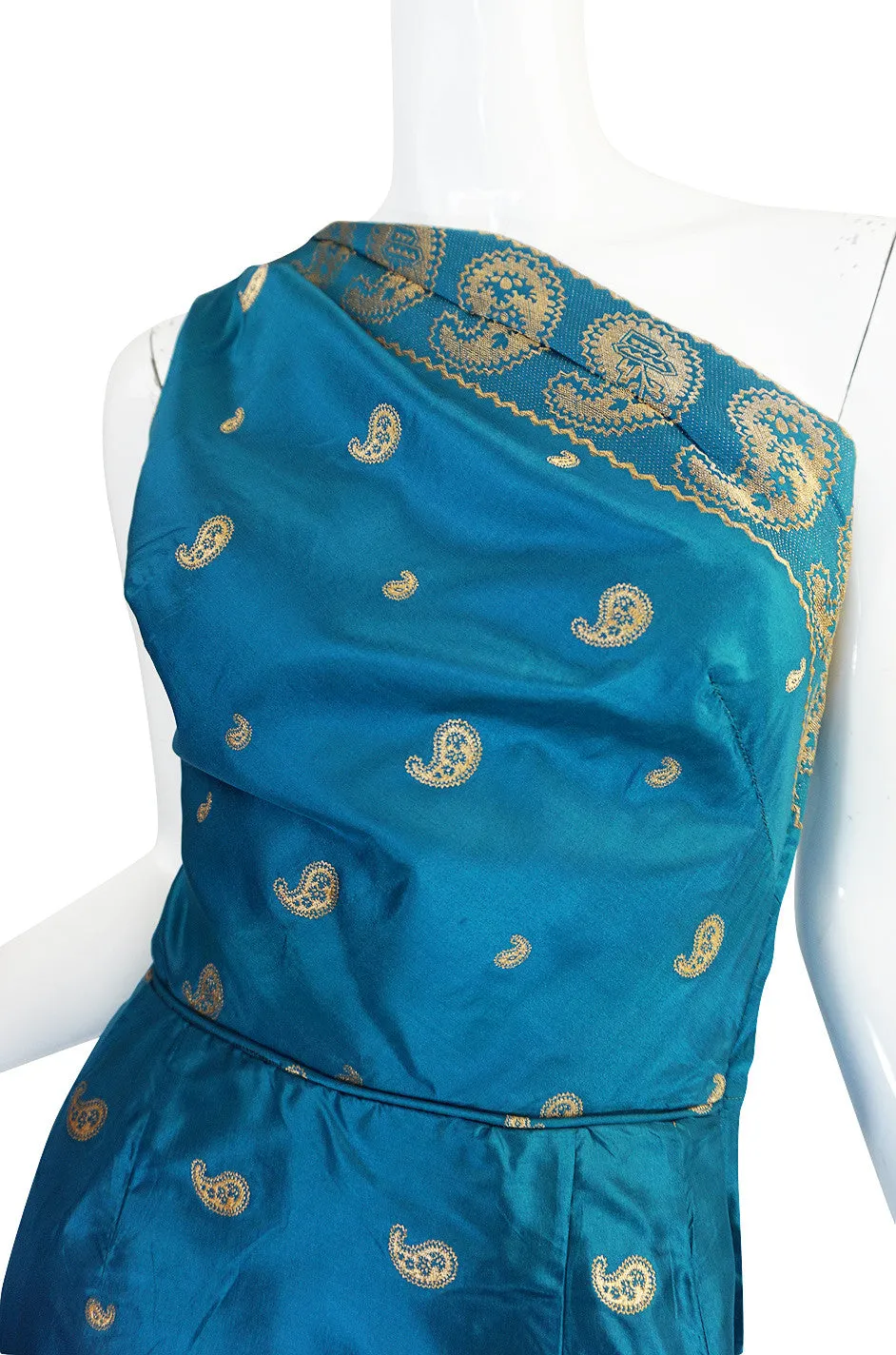 1950s One Shoulder Blue & Gold Silk Sari Dress & Jacket