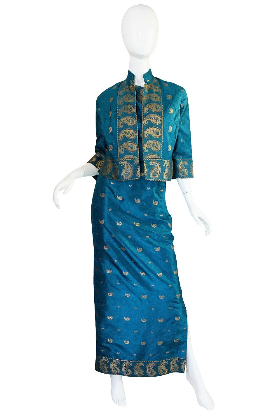 1950s One Shoulder Blue & Gold Silk Sari Dress & Jacket