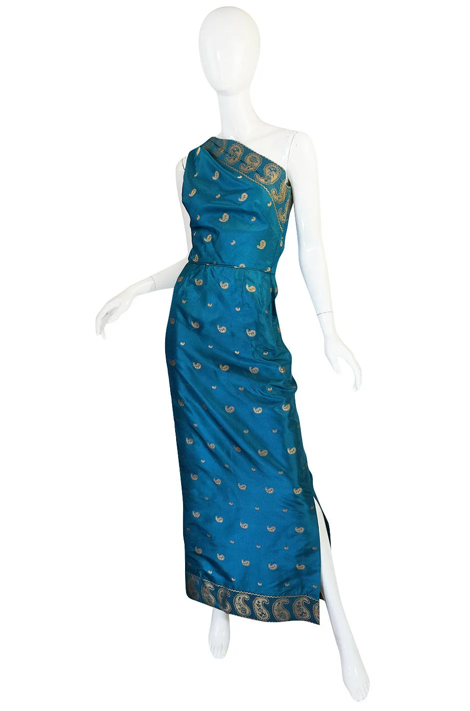 1950s One Shoulder Blue & Gold Silk Sari Dress & Jacket