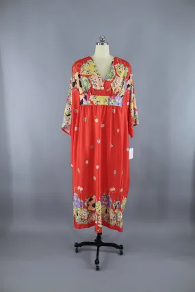 1970s Vintage Red Asian Lanterns Caftan Dress