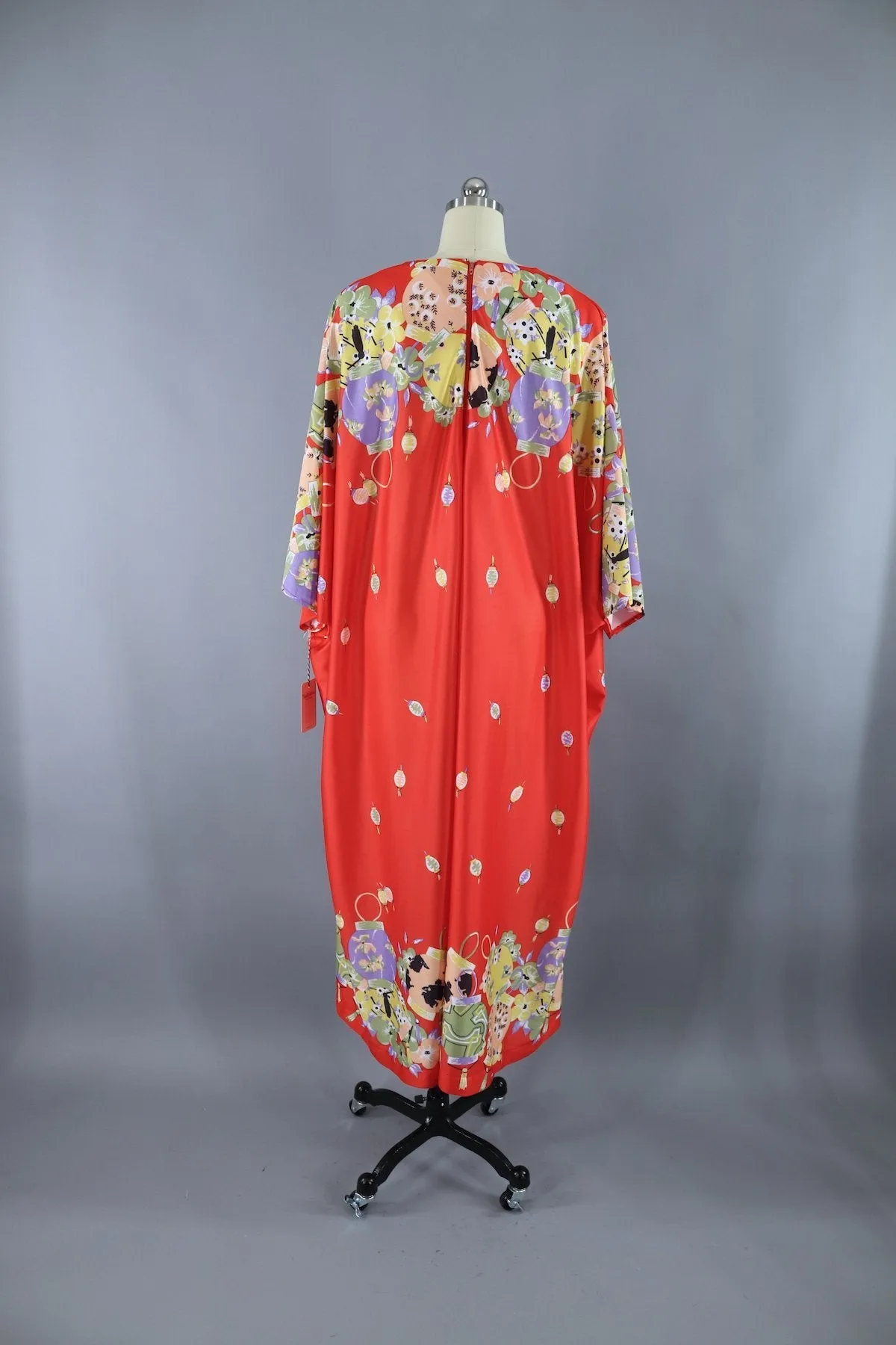 1970s Vintage Red Asian Lanterns Caftan Dress