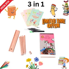 3 in 1 Combo of Wooden colour Pencil Box, Unicorn Scratch, Magic Practise Copybook with refills