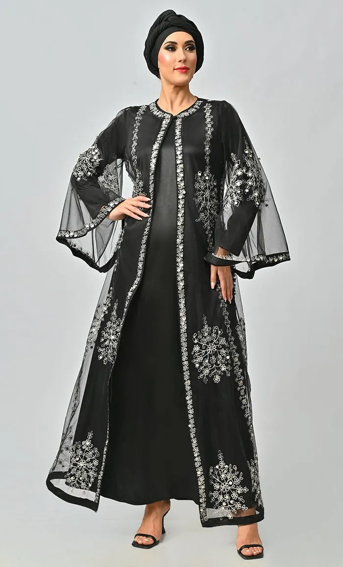 Black All Over Silver Aari And Hand Work Embellished Abaya Designer Dress With Matching Hijab