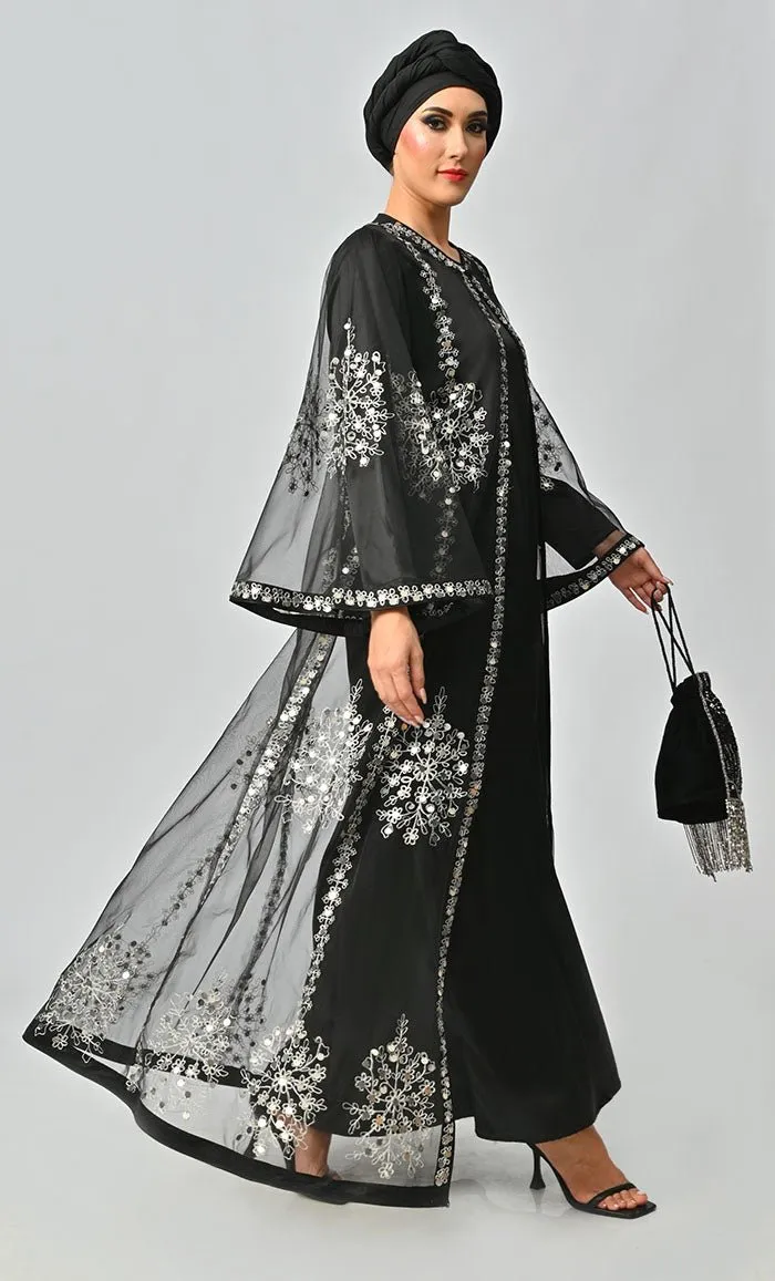 Black All Over Silver Aari And Hand Work Embellished Abaya Designer Dress With Matching Hijab