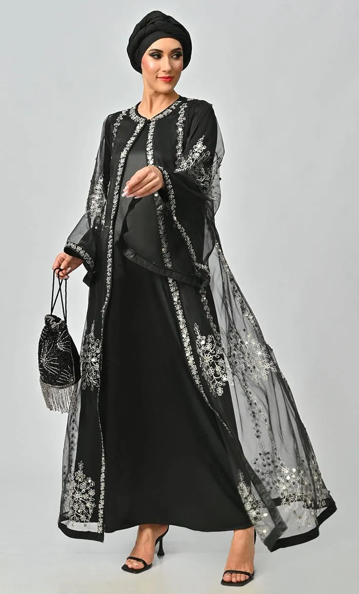 Black All Over Silver Aari And Hand Work Embellished Abaya Designer Dress With Matching Hijab