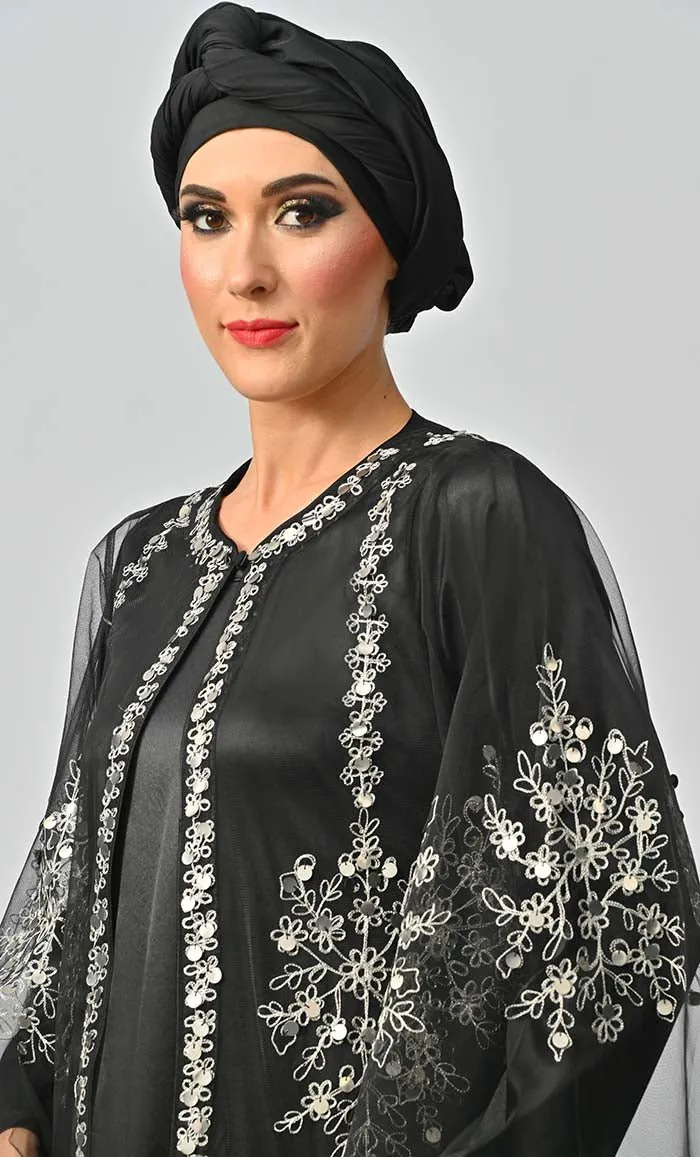 Black All Over Silver Aari And Hand Work Embellished Abaya Designer Dress With Matching Hijab