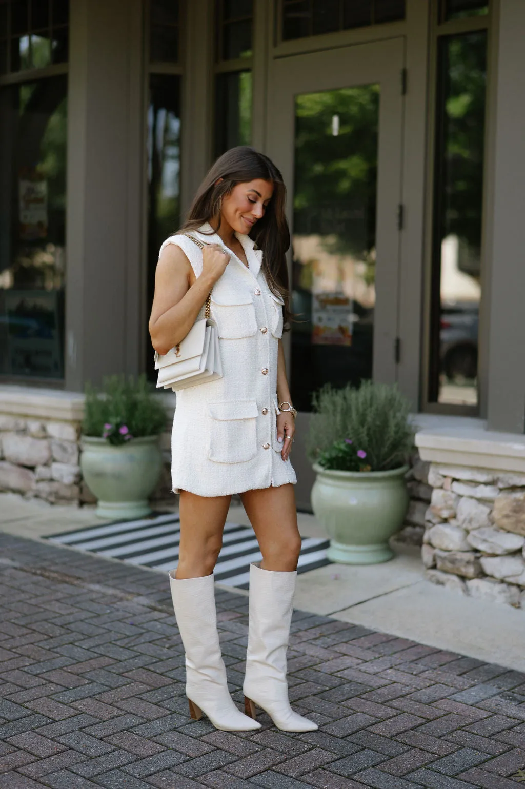 Boucle Collar Mini Dress-Cream