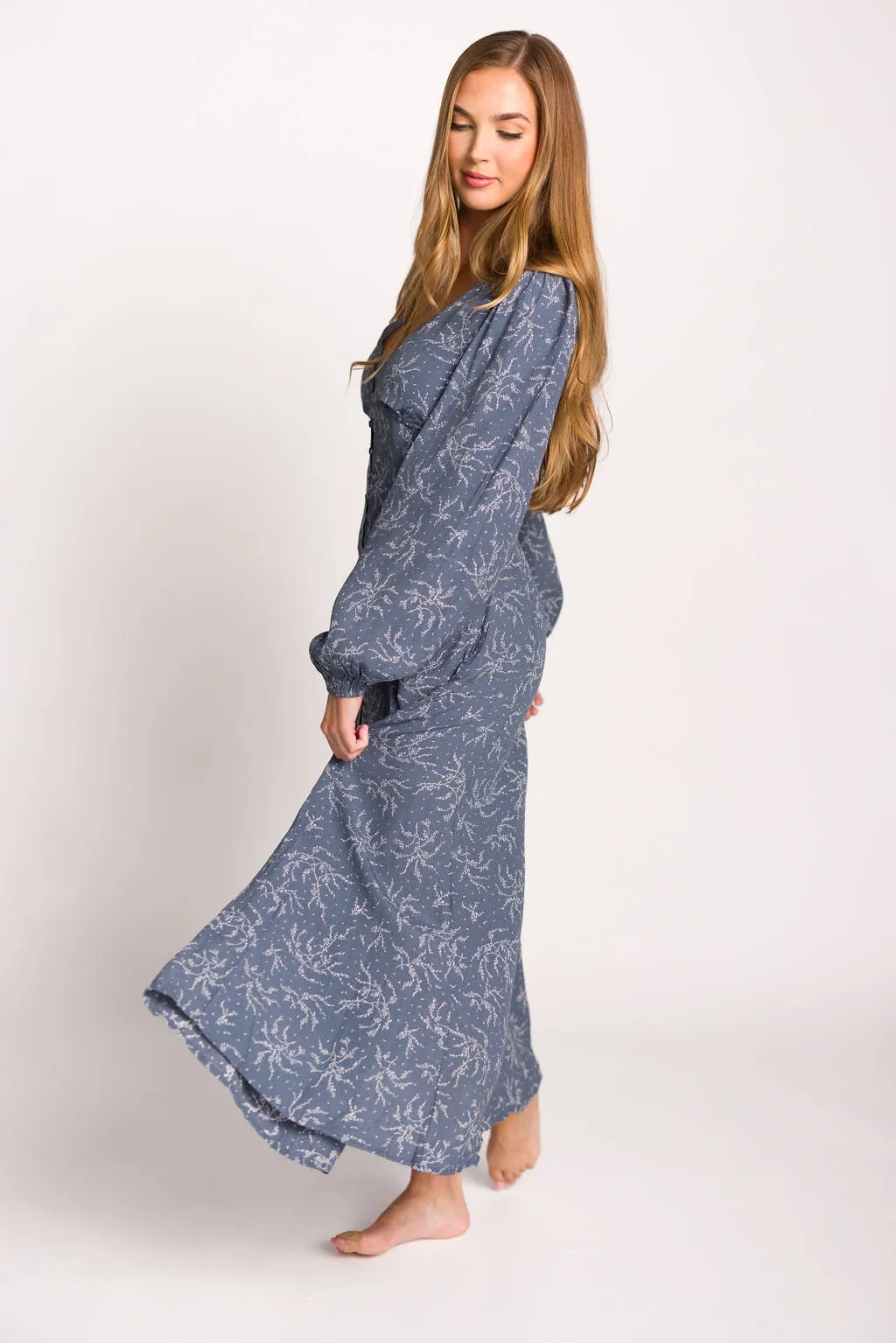 Brandi Long-Sleeve Button-Up Maxi Dress in Elemental Blue