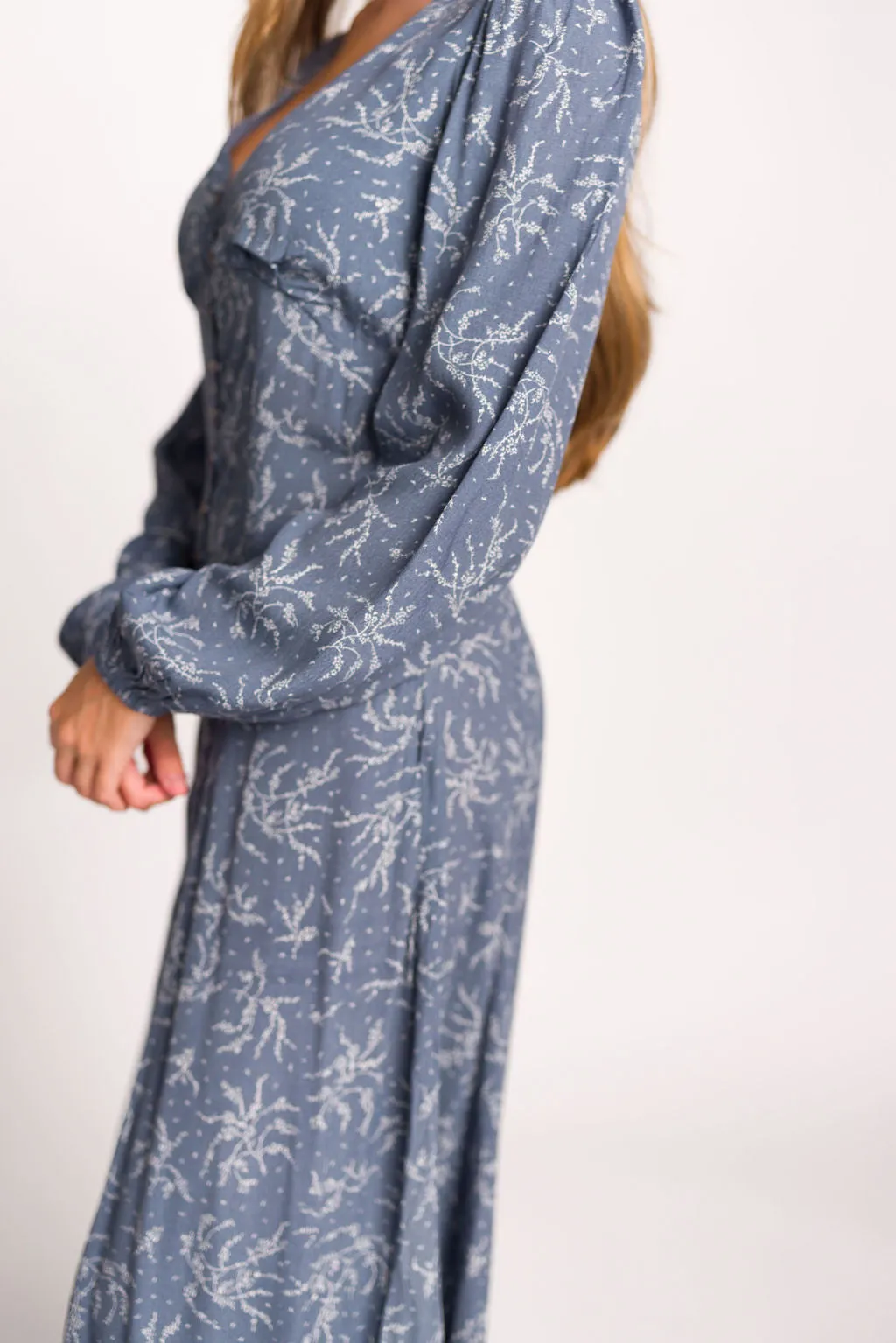 Brandi Long-Sleeve Button-Up Maxi Dress in Elemental Blue