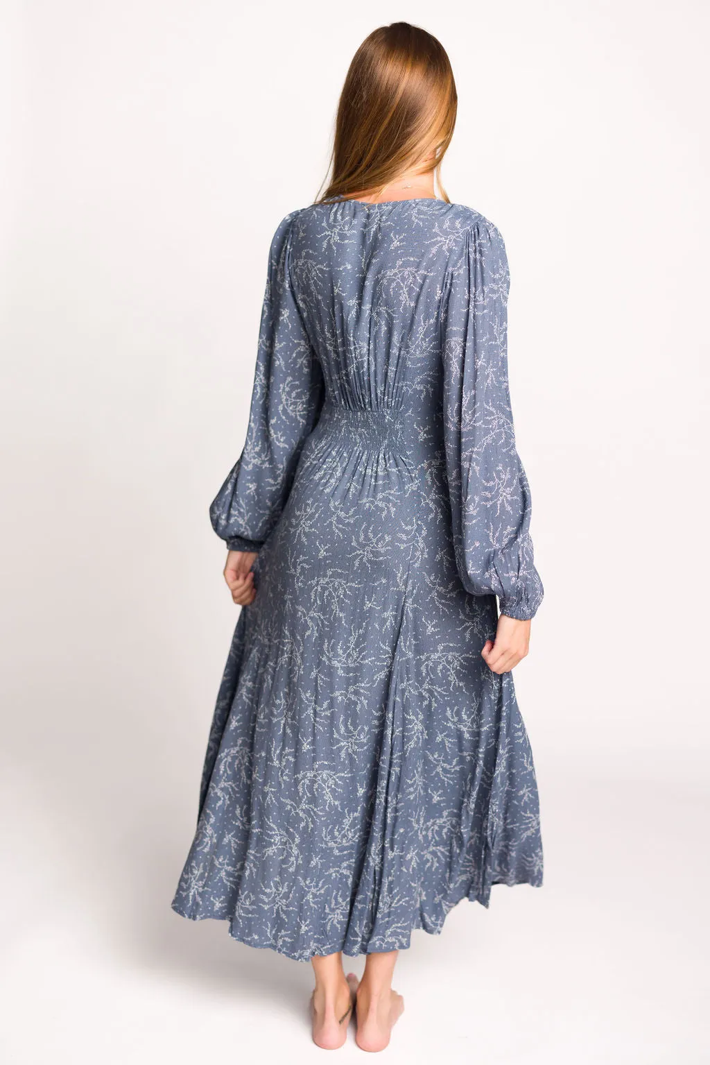 Brandi Long-Sleeve Button-Up Maxi Dress in Elemental Blue