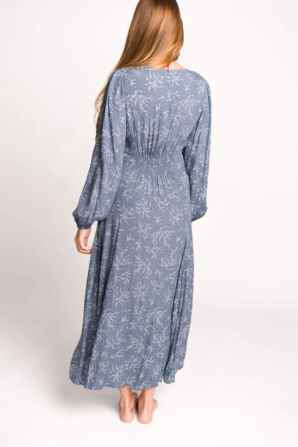 Brandi Long-Sleeve Button-Up Maxi Dress in Elemental Blue