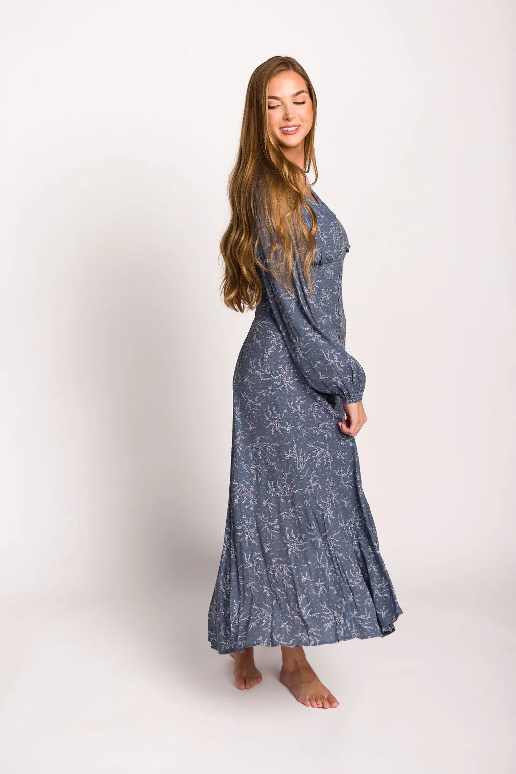 Brandi Long-Sleeve Button-Up Maxi Dress in Elemental Blue