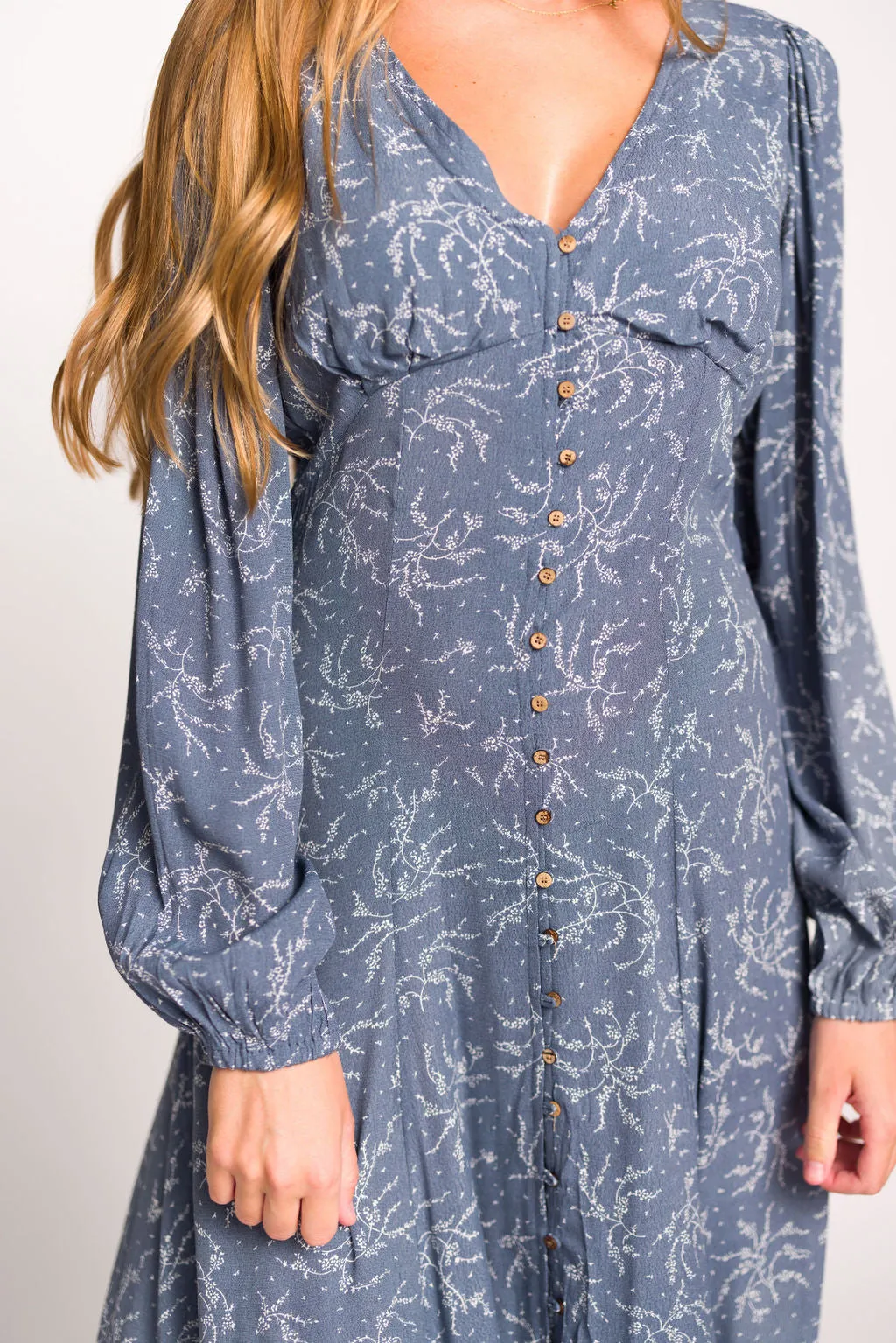 Brandi Long-Sleeve Button-Up Maxi Dress in Elemental Blue