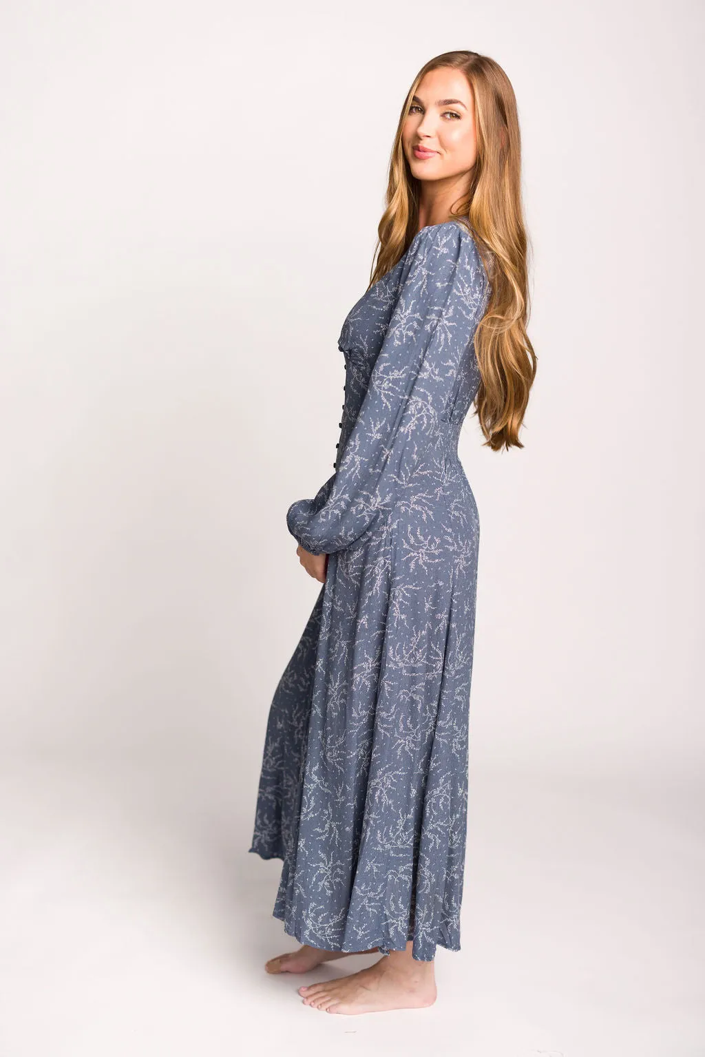 Brandi Long-Sleeve Button-Up Maxi Dress in Elemental Blue