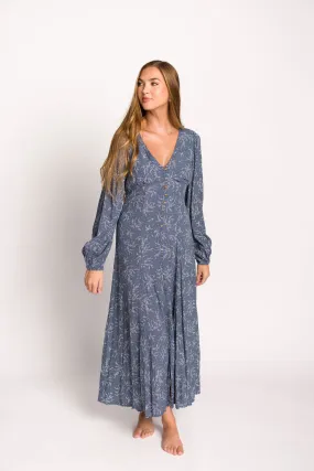 Brandi Long-Sleeve Button-Up Maxi Dress in Elemental Blue