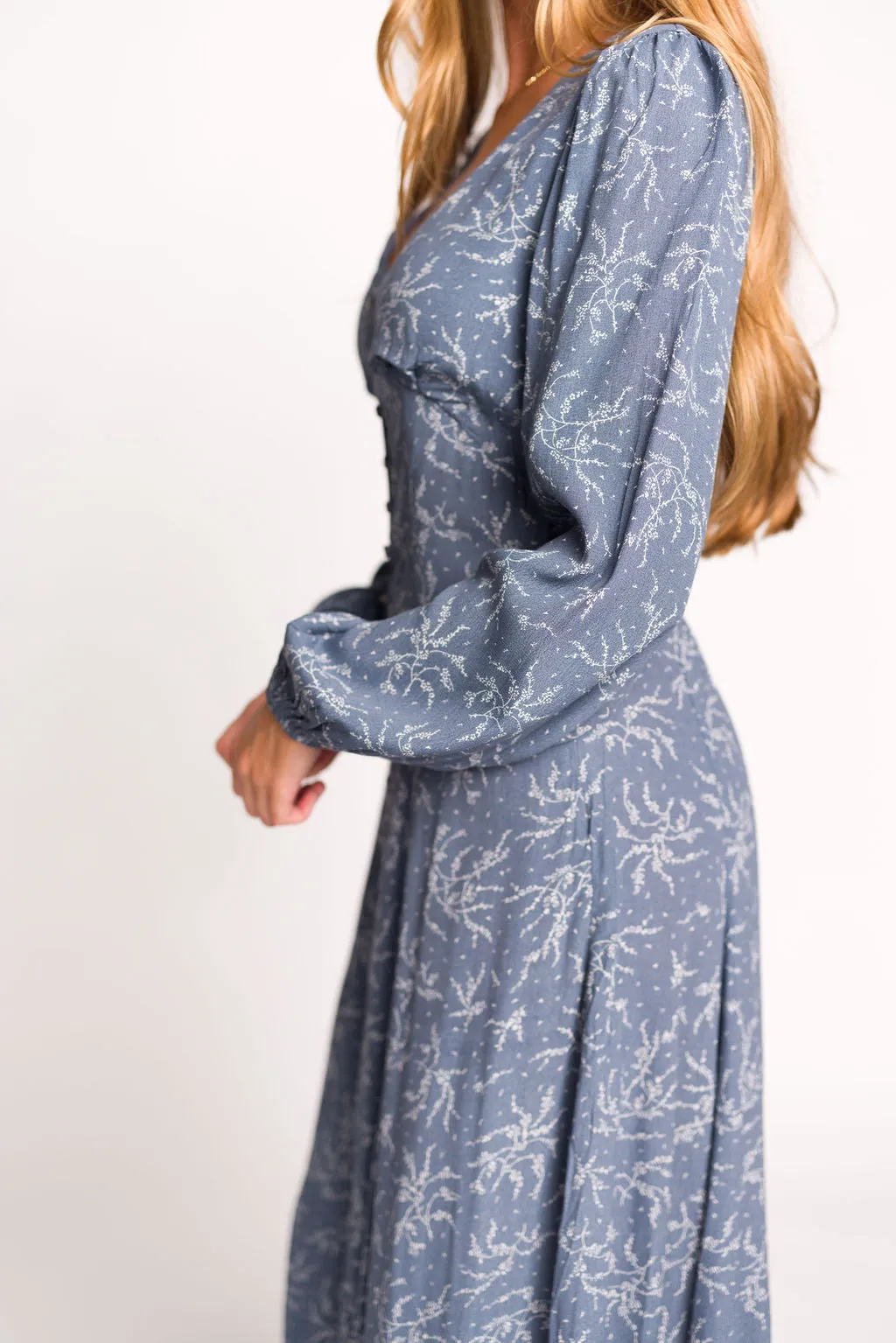 Brandi Long-Sleeve Button-Up Maxi Dress in Elemental Blue