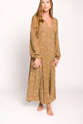 Brandi Long-Sleeve Button-Up Maxi Dress in Umber