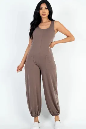 Casual Solid French Terry Sleeveless Scoop Neck Front Pocket Jumpsuit