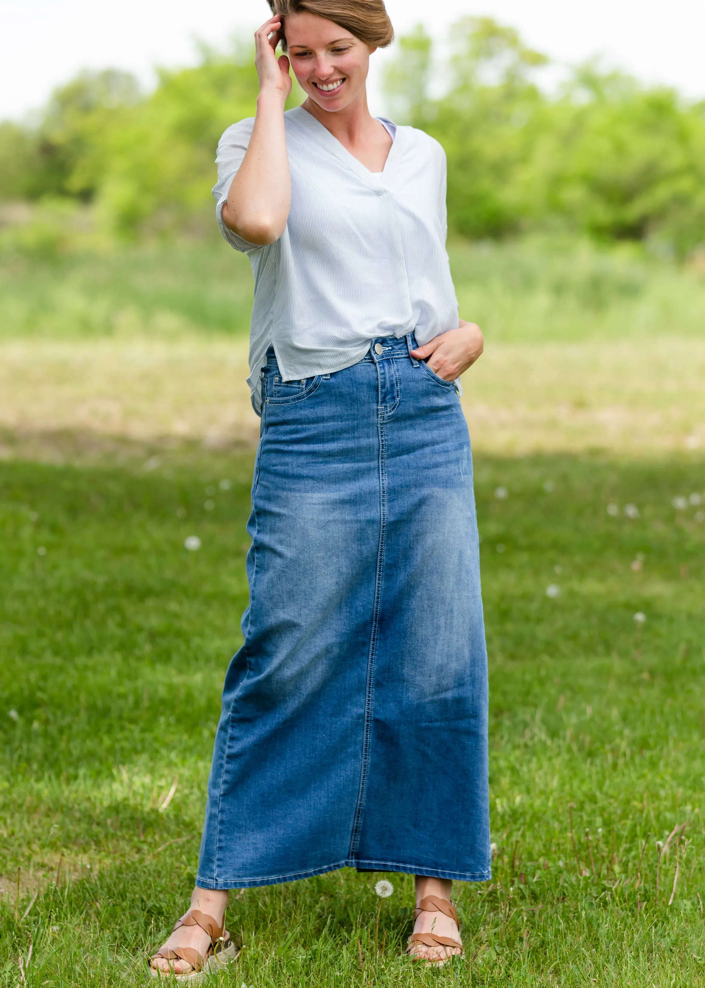 Chambray Striped 3/4 Sleeve Top - FINAL SALE