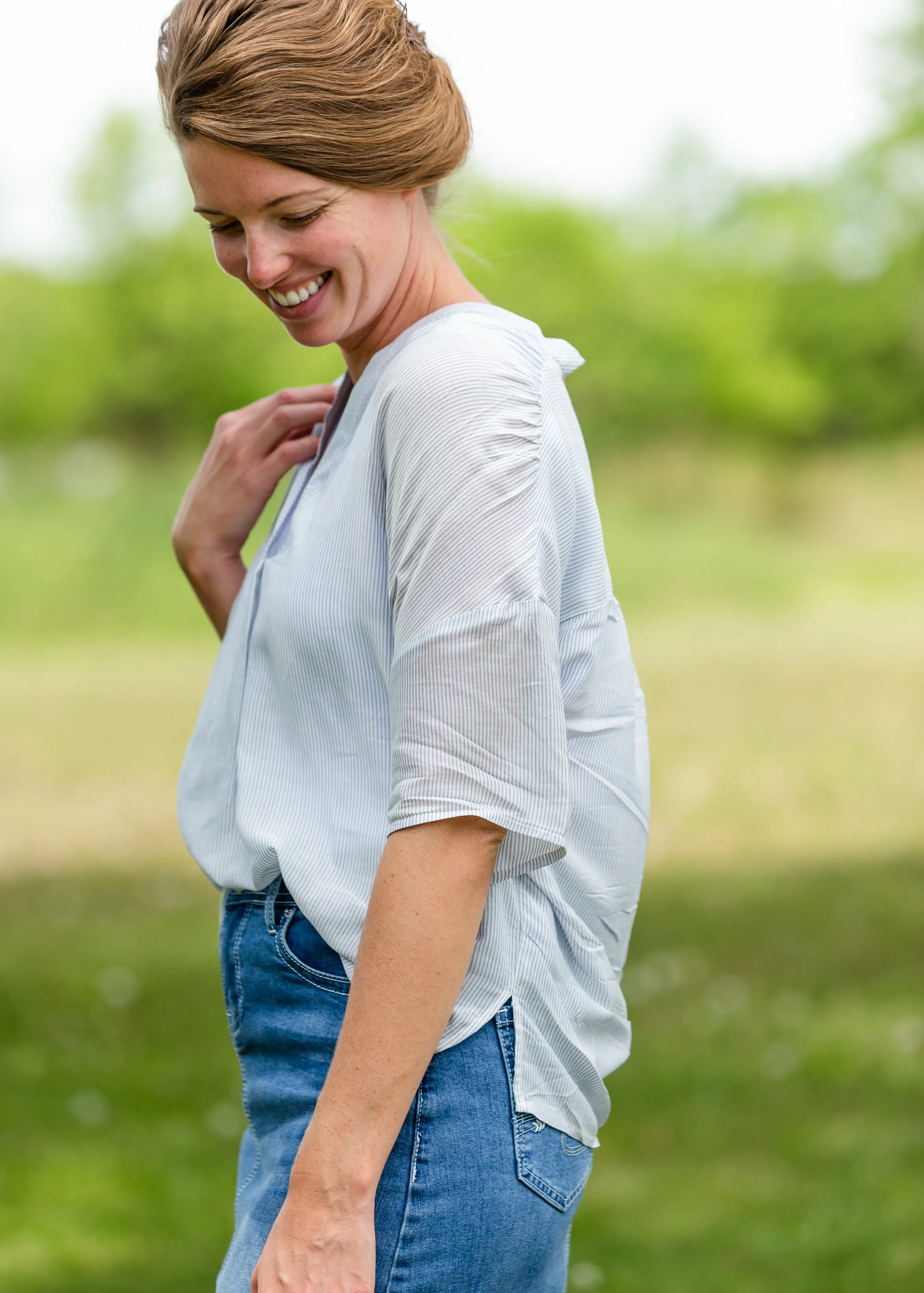 Chambray Striped 3/4 Sleeve Top - FINAL SALE