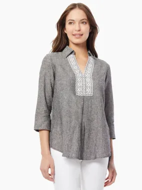 Collared Lace-Front Linen-Blend Blouse