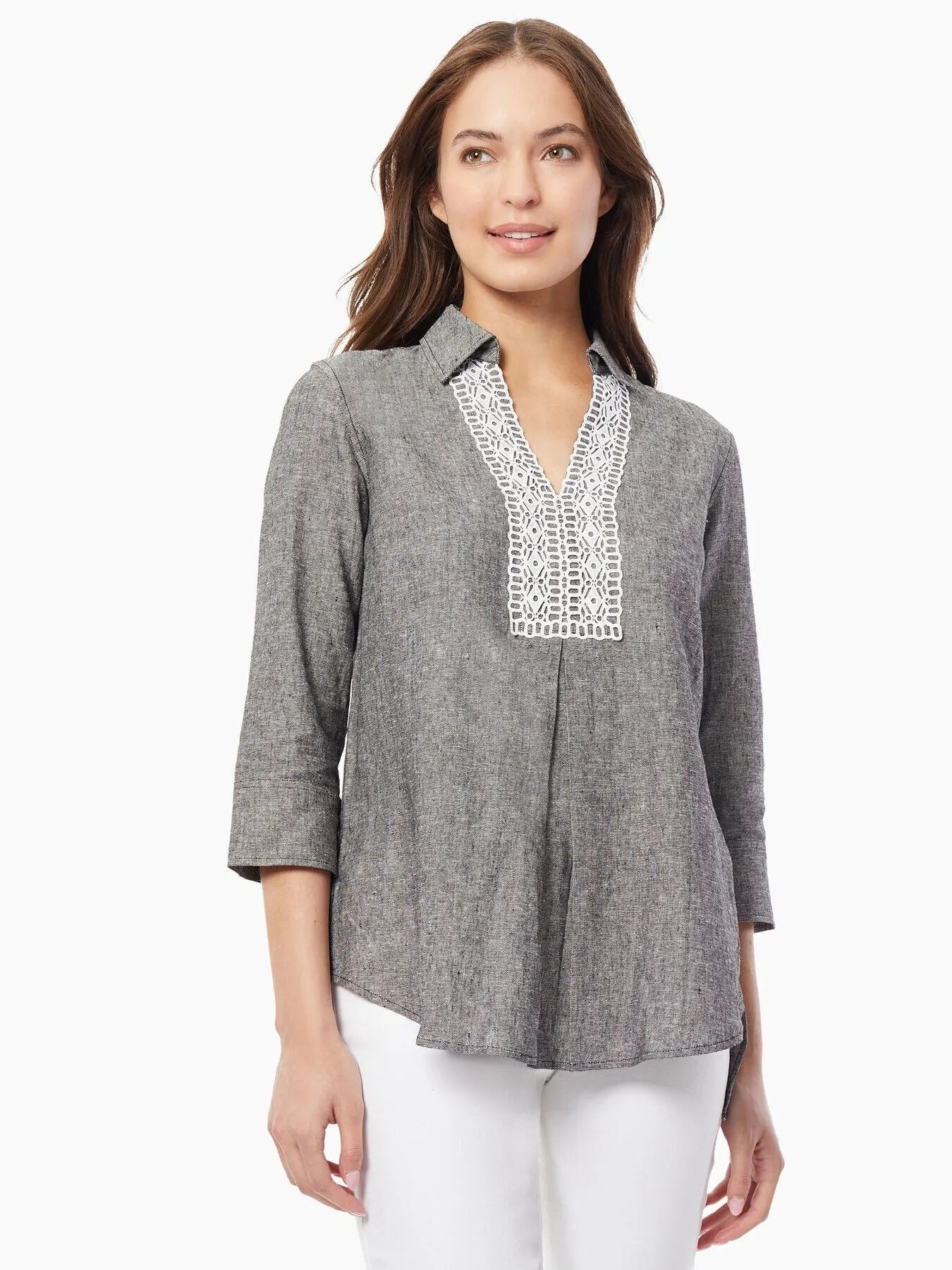 Collared Lace-Front Linen-Blend Blouse