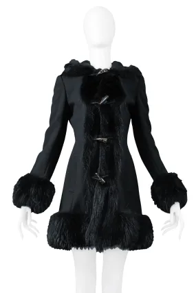 DOLCE BLACK WOOL TOGGLE COAT WITH FUR TRIM HOOD