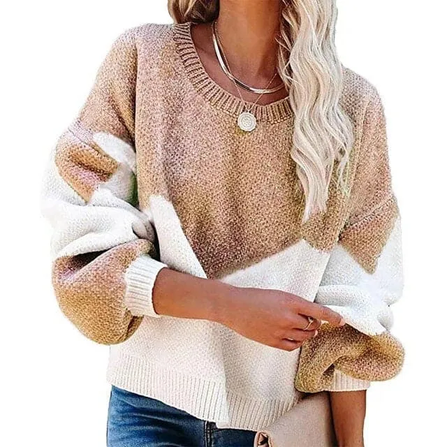 DressBetty - Women's Casual Loose Autumn Winter New Thick Sweater Color Blocking Large Yards Round Neck Korean Knitted Pullover Sweater Femal