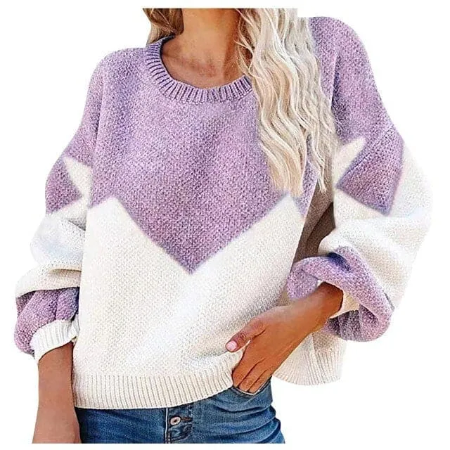 DressBetty - Women's Casual Loose Autumn Winter New Thick Sweater Color Blocking Large Yards Round Neck Korean Knitted Pullover Sweater Femal