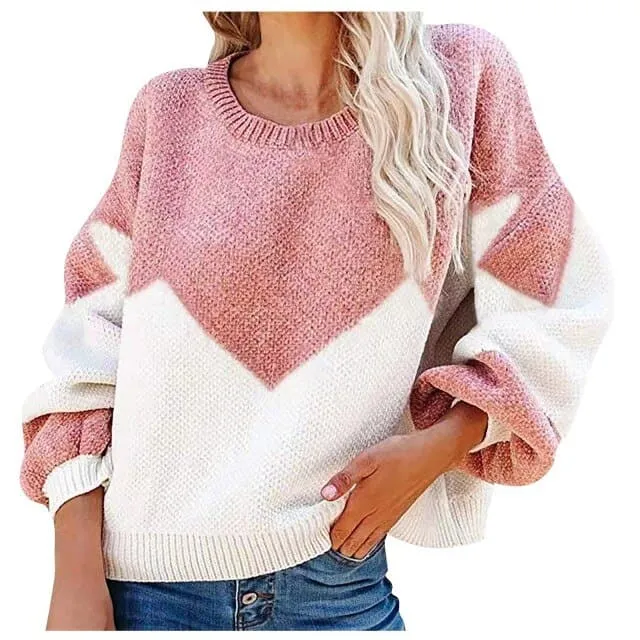 DressBetty - Women's Casual Loose Autumn Winter New Thick Sweater Color Blocking Large Yards Round Neck Korean Knitted Pullover Sweater Femal