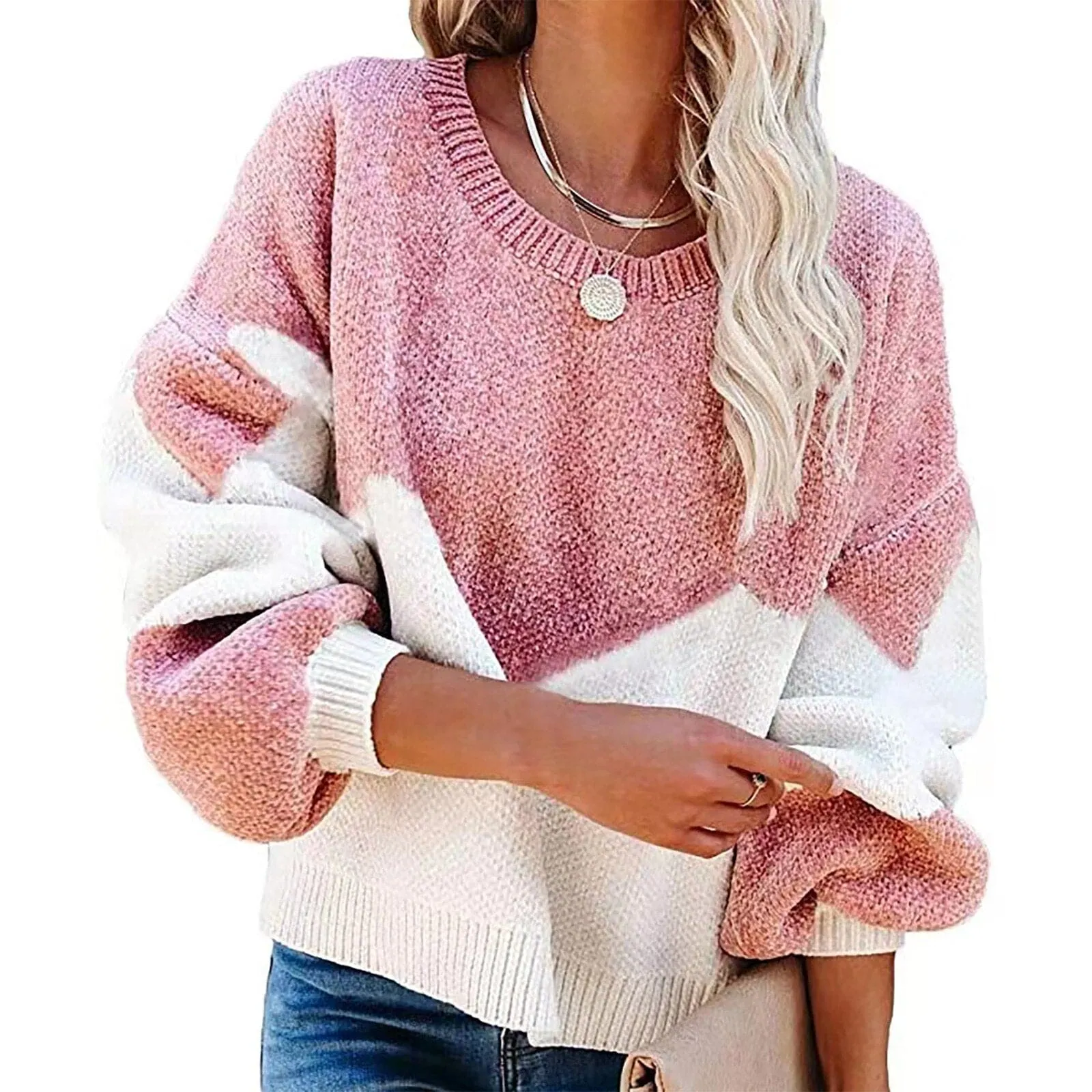 DressBetty - Women's Casual Loose Autumn Winter New Thick Sweater Color Blocking Large Yards Round Neck Korean Knitted Pullover Sweater Femal