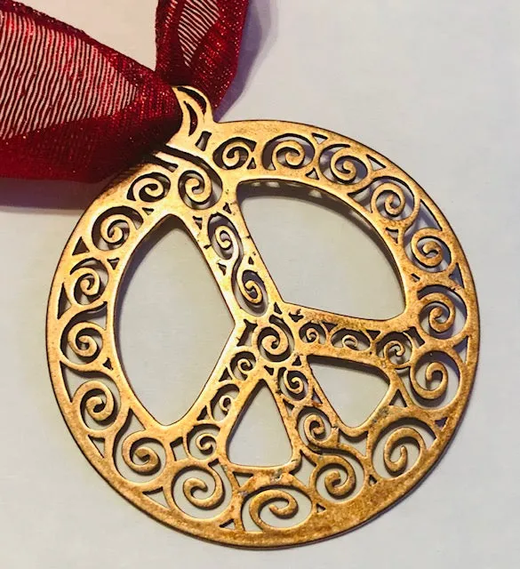 Filigree Peace Bronze Peace Symbol Ornament with Ribbon