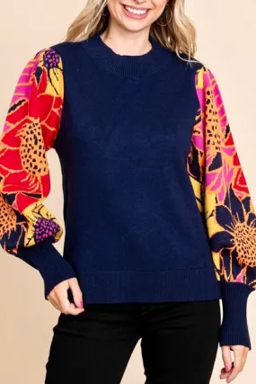 Floral Bubble Long Sleeve Sweater- Navy