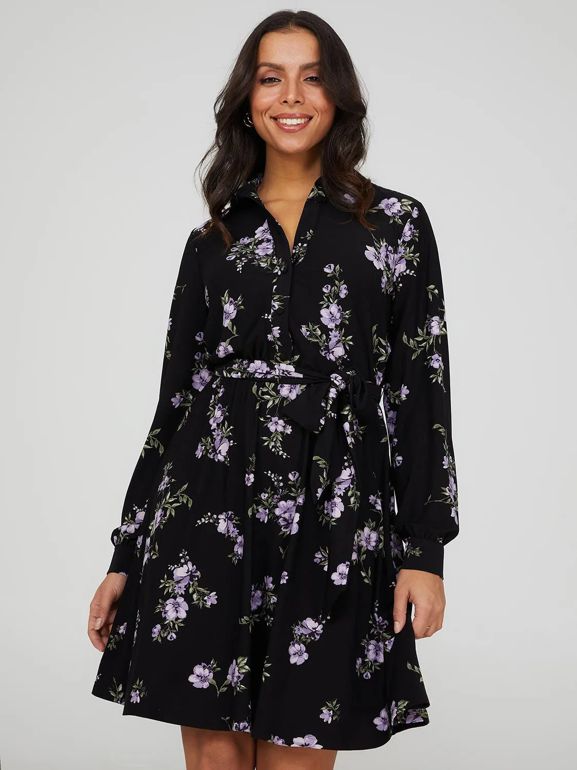 Floral Print Button-Front Shirt Dress