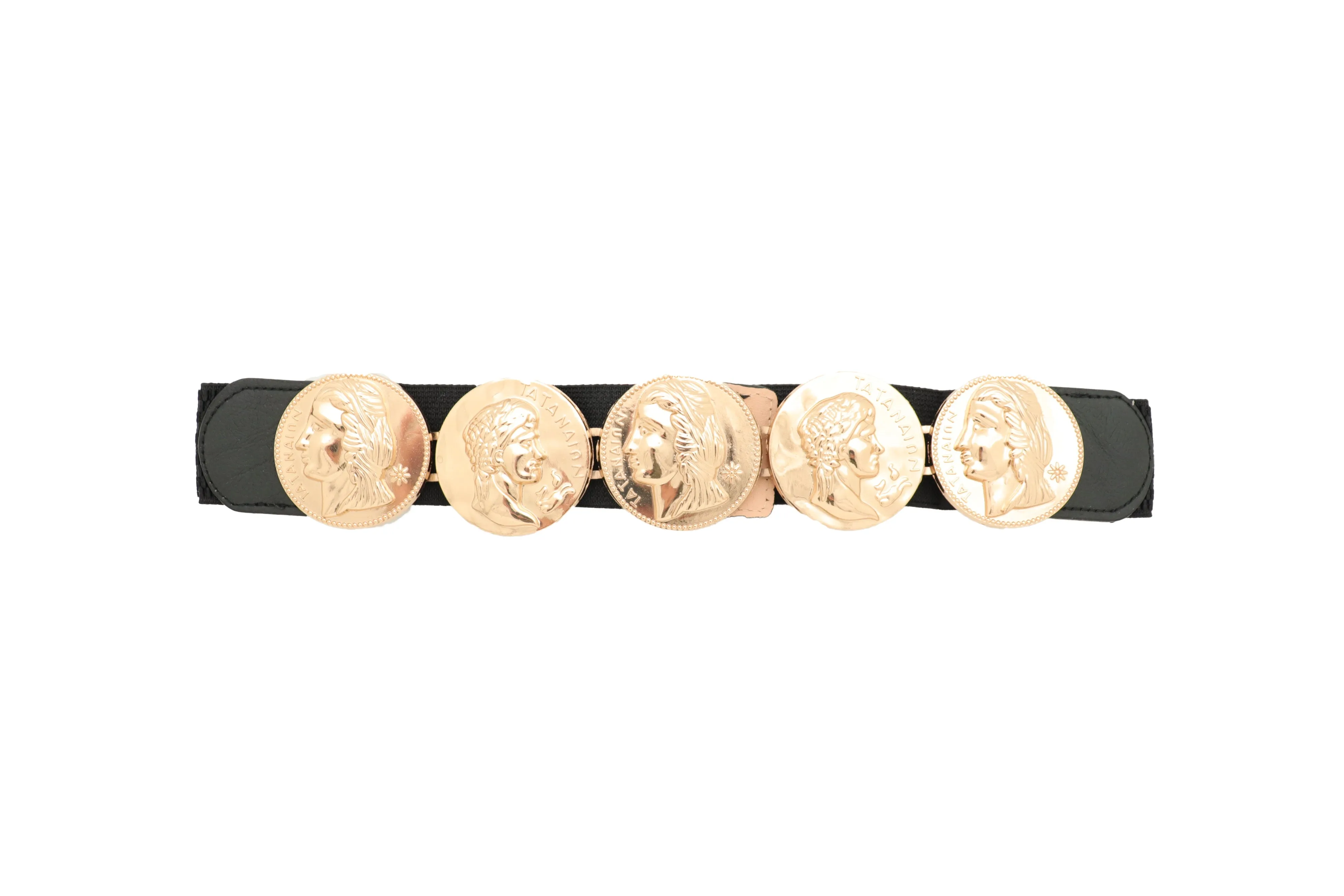 Gold Greek Medallion Black Waisted Elastic Fashion Belt