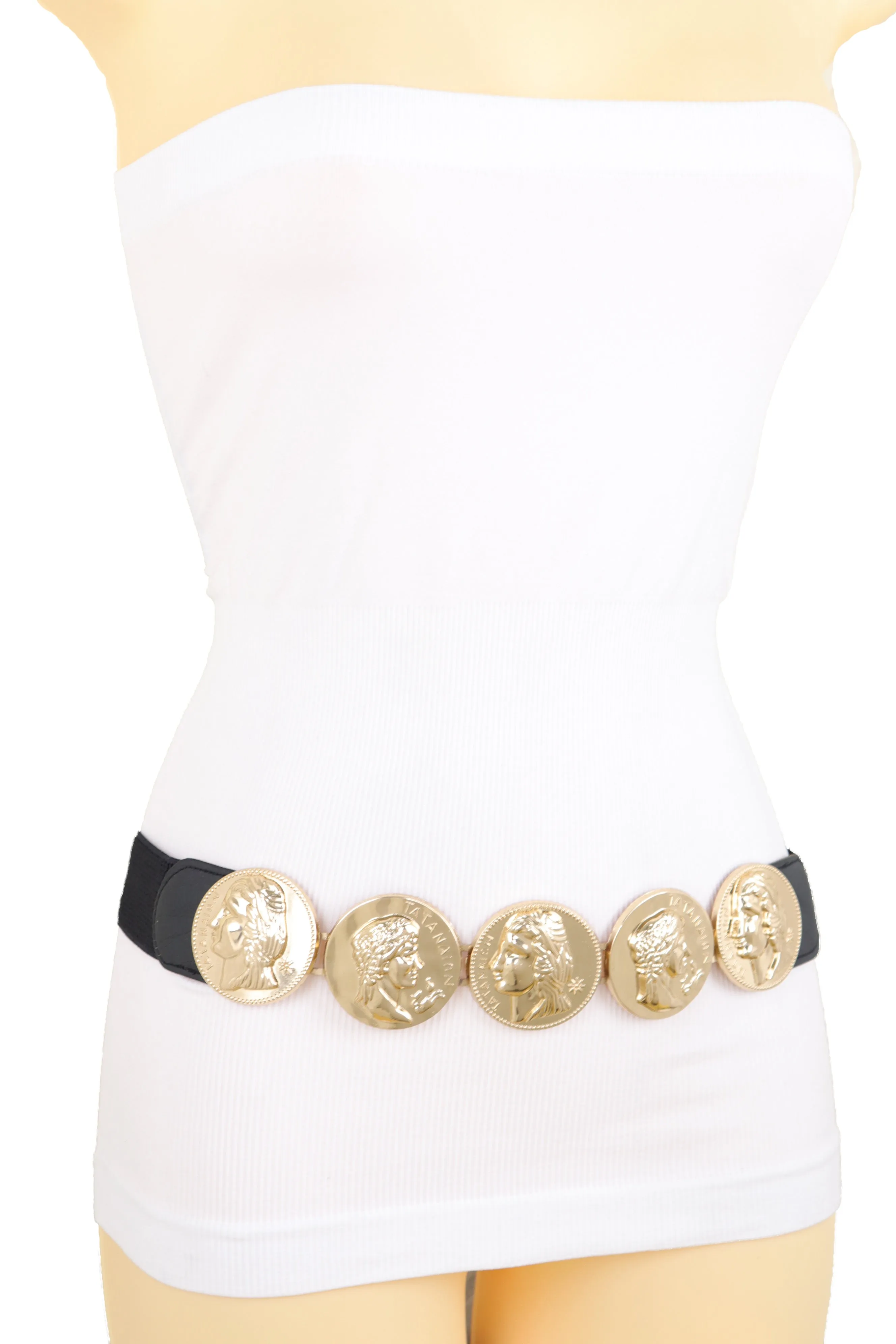 Gold Greek Medallion Black Waisted Elastic Fashion Belt