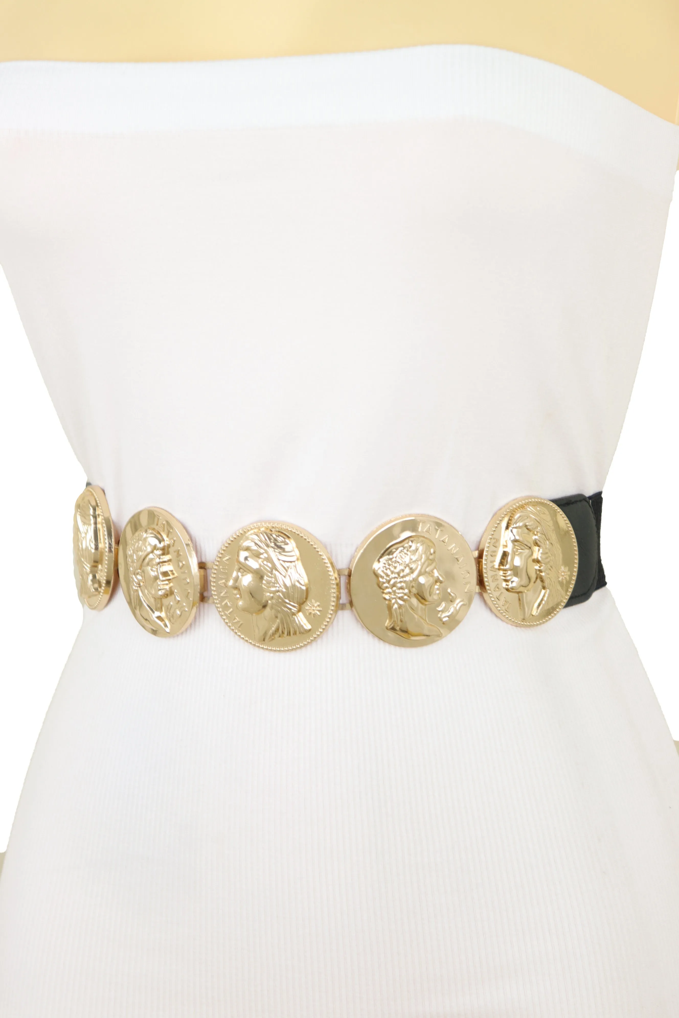 Gold Greek Medallion Black Waisted Elastic Fashion Belt