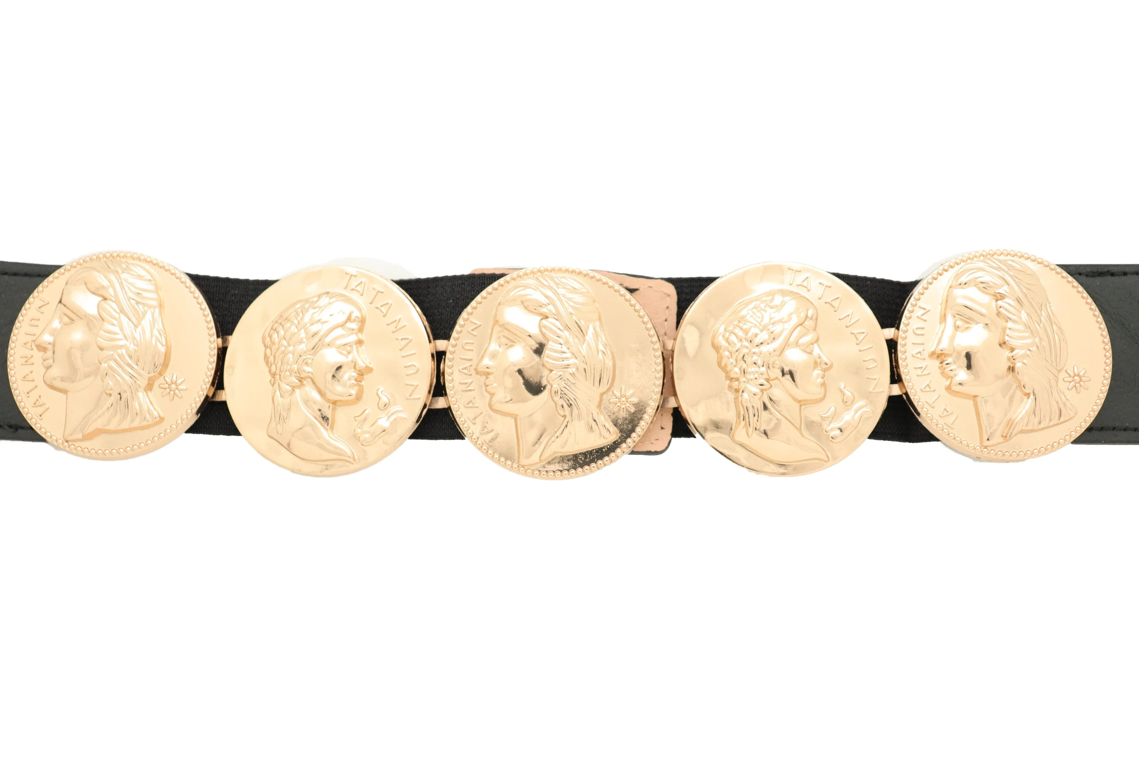 Gold Greek Medallion Black Waisted Elastic Fashion Belt