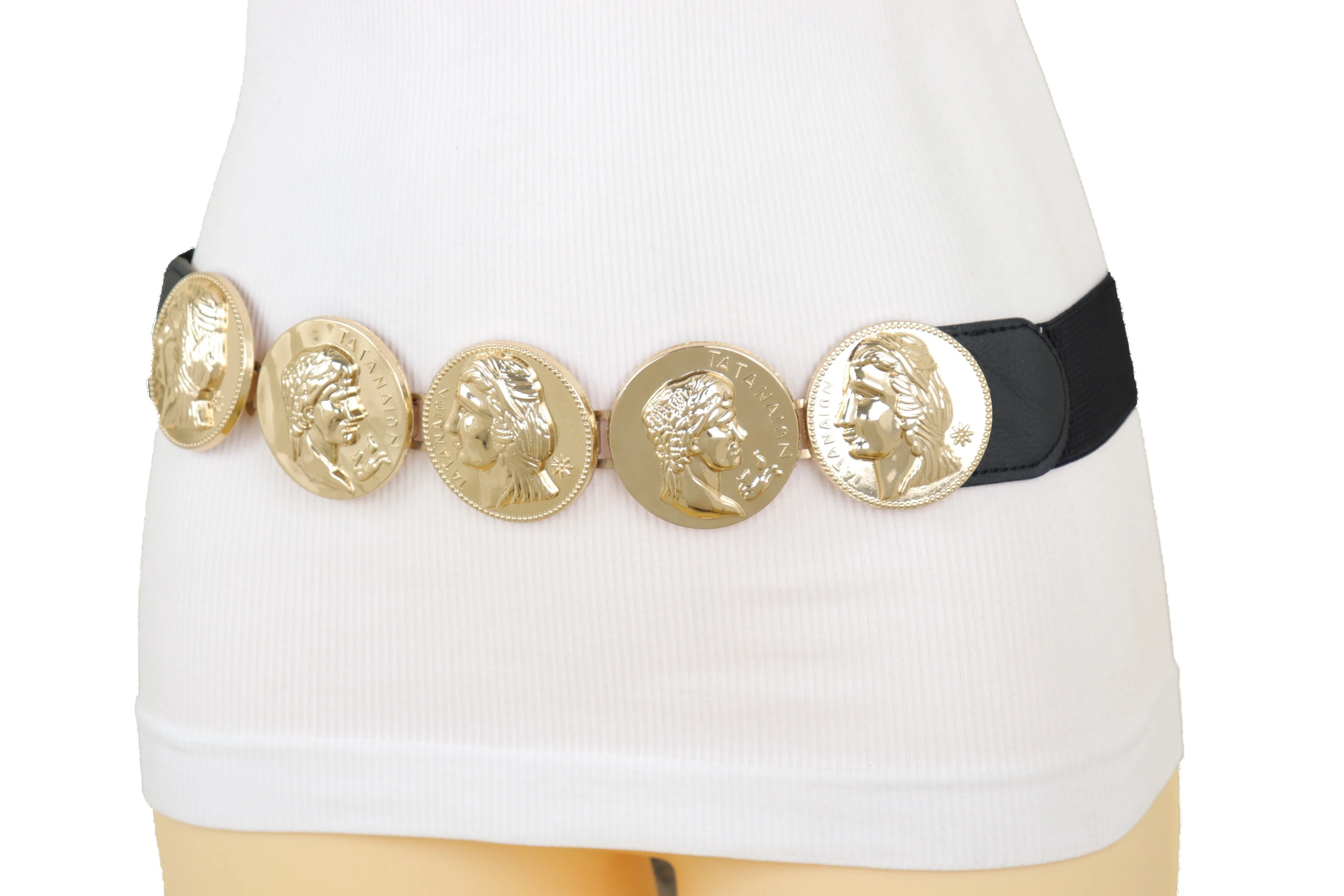 Gold Greek Medallion Black Waisted Elastic Fashion Belt