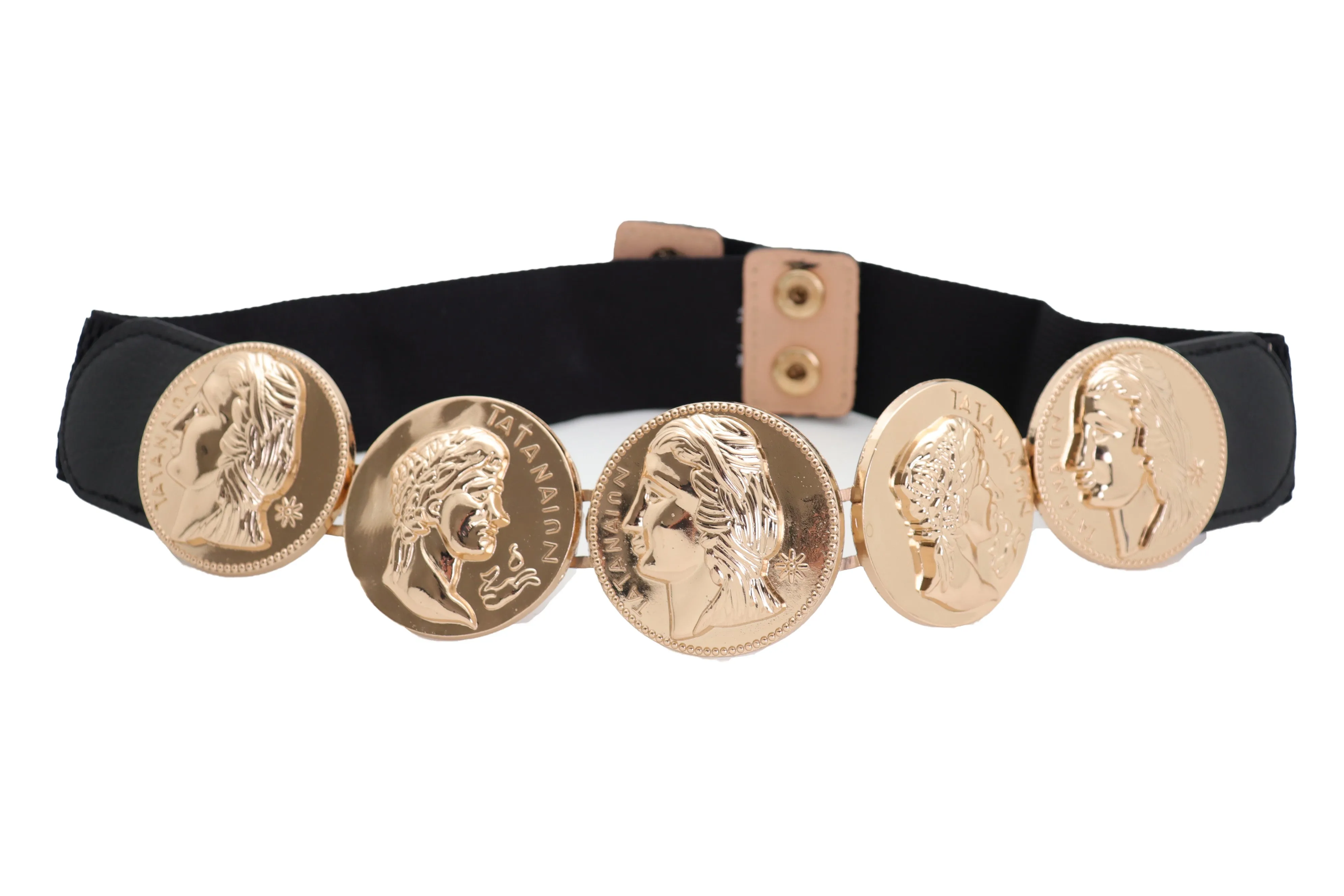 Gold Greek Medallion Black Waisted Elastic Fashion Belt